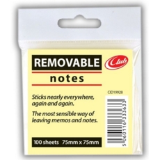 REMOVABLE NOTES,Yellow 75x75mm 100's,H/pk CG21198
