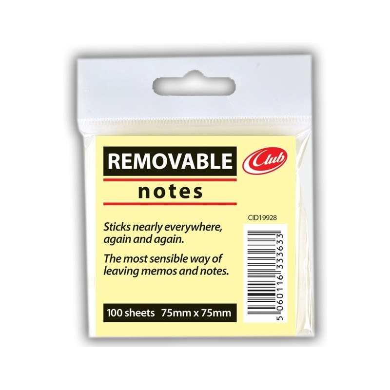 REMOVABLE NOTES,Yellow 75x75mm 100
