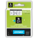 DYMO D1 LABEL CASSETTE, 12mm x7m. Black on White,H/pk