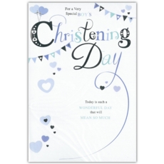 CHRISTENING CARDS,Baby Boy 6's Hearts & Bunting