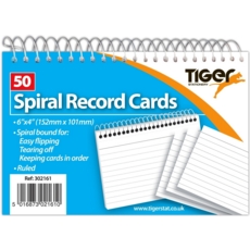 RECORD CARDS,Ruled White Spiral,6x4in/150x100mm 100's