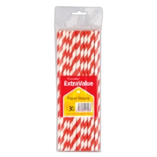 DRINKING STRAWS,Striped, Paper, Red & White 30's H/pk