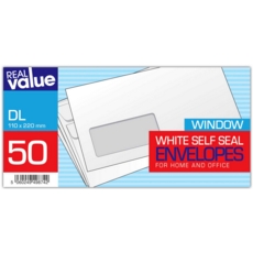 ENVELOPES,S/Seal White DL Window 50's Real Value