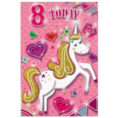 AGE 8 CARDS,Female 6's Unicorn Heart Stars Design