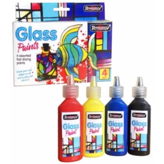 GLASS PAINTS, 4 x 22ml Asst. Colours, Fast Drying,H/pk Box.