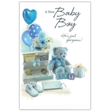 BABY BOY CONGRATS. CARDS,6's Teddy & Balloons (Was 1.25)
