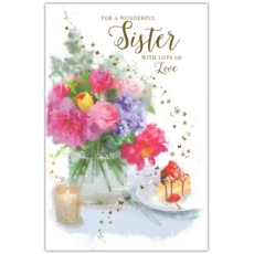BIRTHDAY CARDS,Sister 6's Floral Vase & Candle(Was 1.25)