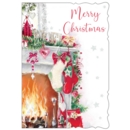 XMAS CARDS,Open 6's Stockings on the Fireplace