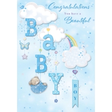 GREETING CARDS,Baby Boy 6's Teddy, Clouds & Rainbow