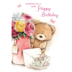 GREETING CARDS,Birthday 6's Teddy Bear Floral Vase