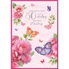 AGE 50 CARDS, 6's Female Butterflies & Roses
