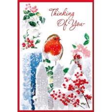 XMAS CARDS,Thinking of You 6's Robin on Snowy Fence