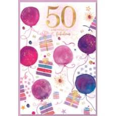 AGE 50 CARDS,Female 6's Balloons & Presents