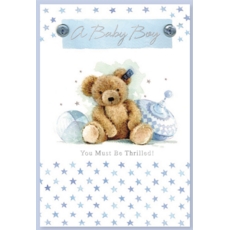 BABY BOY CONGRATS. CARDS,6's Blue Teddy & Spinning Top
