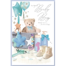 BABY BOY CONGRATS. CARDS,6's Blue Teddy & Presents