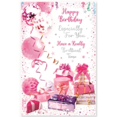 GREETING CARDS,Birthday 6's Pink Presents & Balloons