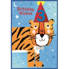 AGE 3 CARDS, 6's Male Tiger in Party Hat
