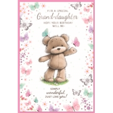 BIRTHDAY CARDS,Granddaughter Teddy Bear & Butterflies