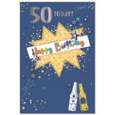 AGE 50 CARDS, 6's Male Text, Stars & Beer Bottles