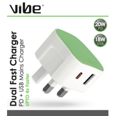 DUAL FAST MAINS CHARGER, 20w PD & 18w USB Outlets, Vibe