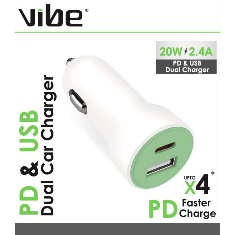 CAR CHARGER Dual USB & USB-C Outlets 20w 2.4 Amp.Vibe H/pk.