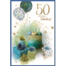 AGE 50 CARDS, 6's Male Cake, Balloons & Presents