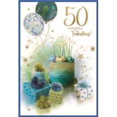 AGE 50 CARDS, 6's Male Cake, Balloons & Presents