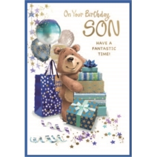 BIRTHDAY CARDS,Son 6's Bear, Presents & Balloons