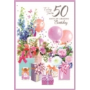 AGE 50 CARDS, 6's Female Floral Present & Balloons