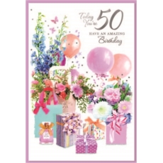 AGE 50 CARDS, 6's Female Floral Present & Balloons