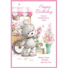 BIRTHDAY CARDS,6's Teddy at Flower Stall