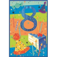 AGE 8 CARDS,6's Male Cake, Candles & Hats
