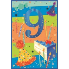 AGE 9 CARDS,Male 6's Cake, Candles & Hats