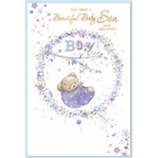 GREETING CARDS,Baby Boy 6's Teddy in Blue Wreath