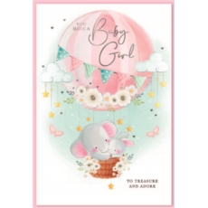 BABY GIRL CONGRATS. CARDS,6's Elephant in Hot Air Balloon