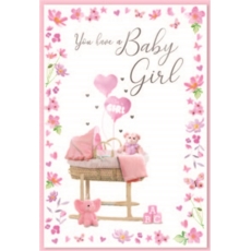 GREETING CARDS,Baby Girl 6's Pink Cot, Teddies & Balloons