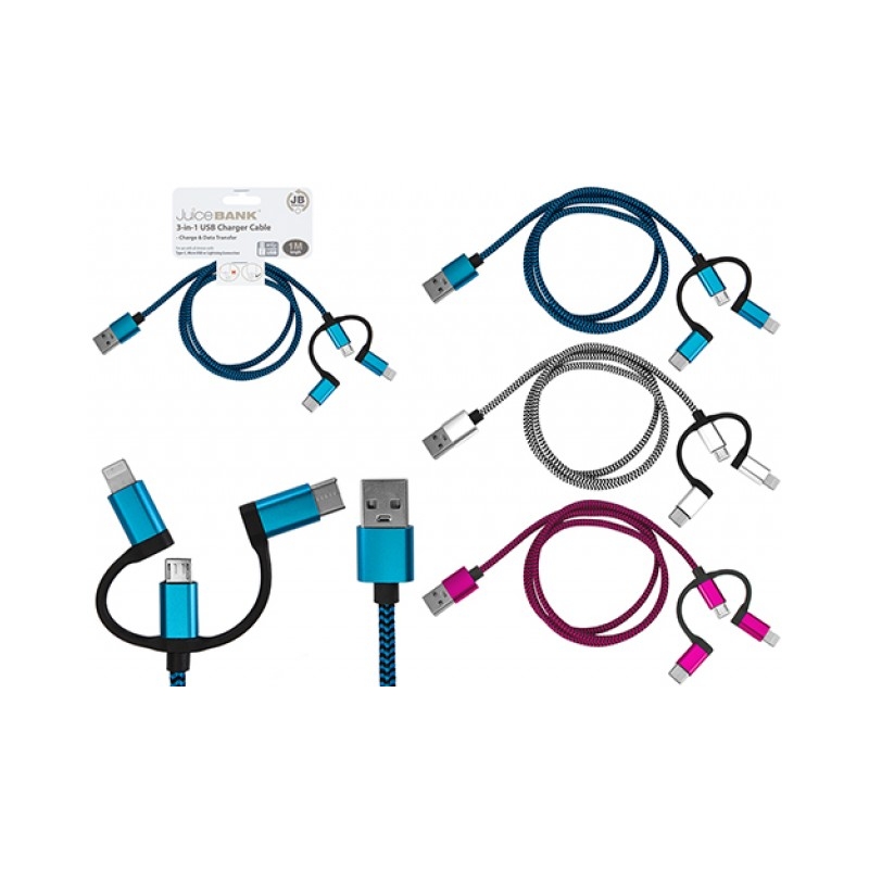 CHARGING CABLE, 1mtr 3in1 USB to Micro,Type C & Lightning.