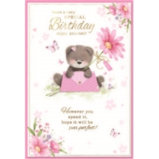 BIRTHDAY CARDS,Female 6's Teddy with Letter & Flower