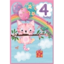 AGE 4 CARDS,Female 6's Cat, Balloons, Rainbow & Present