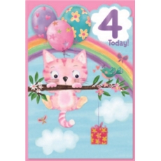 AGE 4 CARDS,Female 6's Cat, Balloons, Rainbow & Present
