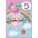 AGE 5 CARDS,Female 6's Cat, Balloons, Rainbow & Present