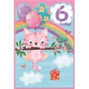 AGE 6 CARDS,Female 6's Cat, Balloons, Rainbow & Present