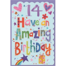AGE 14 CARDS,Female 6's Text, Hearts, Flowers & Stars