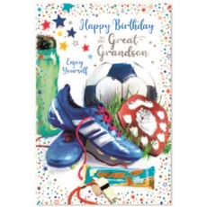 BIRTHDAY CARDS,Great Grandson 6's Football, Boots & Trophy