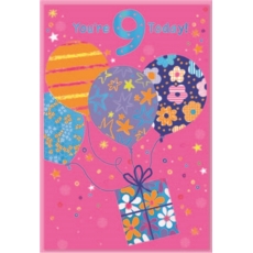 AGE 9 CARDS,Female 6's Zingy Balloons & Present