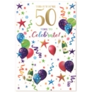 AGE 50 CARDS,Male 6's Bubbly, Balloons & Streamers