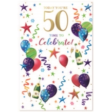 AGE 50 CARDS,Male 6's Bubbly, Balloons & Streamers