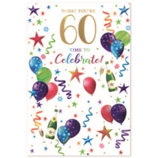 AGE 60 CARDS,Male 6's Bubbly, Balloons & Streamers