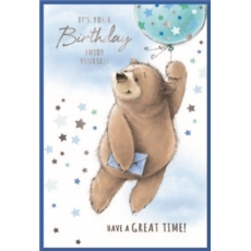 BIRTHDAY CARDS,Male 6's Bear, Ballon & Stars
