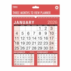 CALENDAR,3 Months to View 2026 Planner,Twin Wire,H/pk
